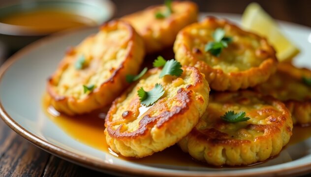 Close up view of savory Cuban tostones with garlic sauce, cuisine, Cuban