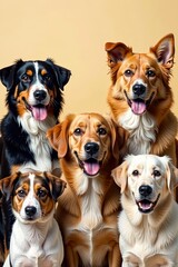 Collage of different types of dogs posing together in a row, mixed, variety