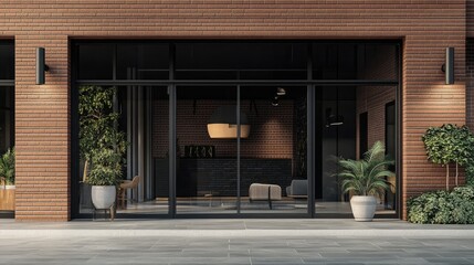 Fototapeta premium Classic brick storefront with large windows showcasing stylish decor.