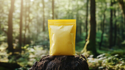 mockup yellow food standing pouch standing on a piece of wood in the forest. Ai generated images