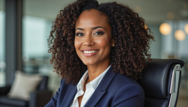 Modern portrait headshot of a friendly ceo executive business worker: A confident Black businesswoman with curly hair smiles warmly while seated in a leather office chair, projecting an image of suc
