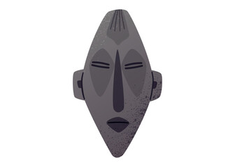 Vector isolated cartoon illustration of an ancient tribal mask in dark stone texture. Ethnic ceremonial artifact with abstract facial features, inspired by traditional African craftsmanship.