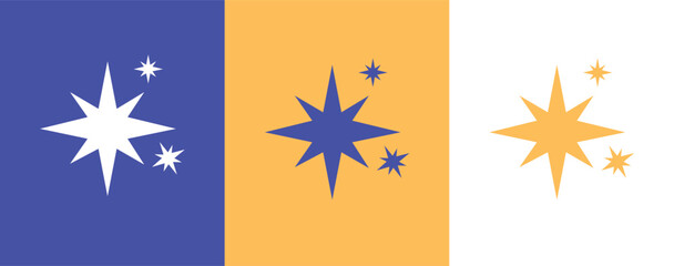 Stars set with Different Background realistic style. Metallic yellow stars from different angles. Leadership, game award, customer feedback symbol vector illustration isolated on white background