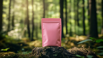 mockup pink food standing pouch standing on a piece of wood in the forest. Ai generated images
