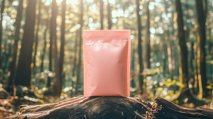 mockup pink food standing pouch standing on a piece of wood in the forest. Ai generated images