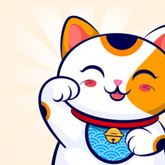 A cute Maneki-Neko (lucky cat) in a flat design style, peeking from the edge. Raised paw, bright colors, and clean lines. Perfect for logos, icons, merch, poster, packing template design