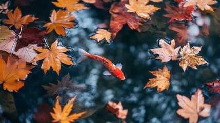 A single goldfish swims amongst fallen autumn leaves.
