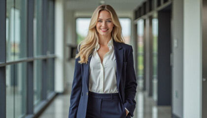 Fototapeta premium Modern portrait headshot of a friendly ceo executive business worker: A confident young businesswoman with blonde hair stands smiling in a modern office hallway, wearing a navy blue pantsuit and whi