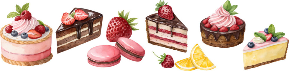 set of watercolor sweet desserts with strawberry illustrations on white
