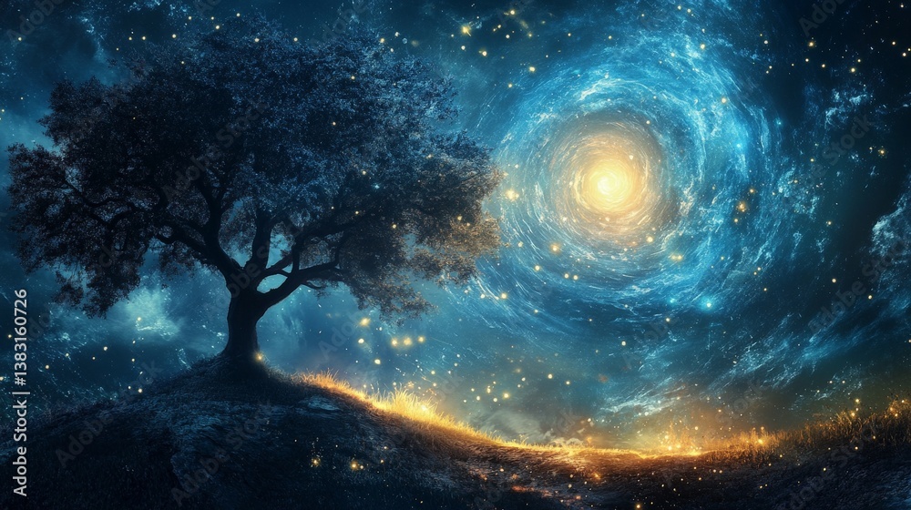 Canvas Prints abstract digital art with a single tree and a swirling night sky
