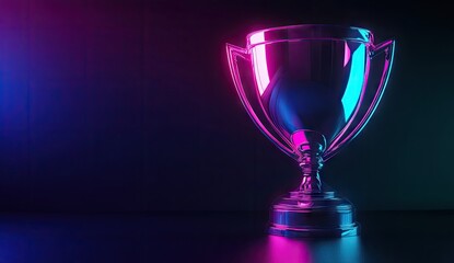 Glossy trophy under vibrant neon light.  A clear, reflective, award trophy sits on a dark surface, bathed in a vibrant pink-blue neon light