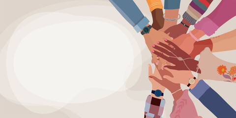 Stacked hands of diverse people. Teamwork community cooperation inclusion diversity and agreement between colleagues concept