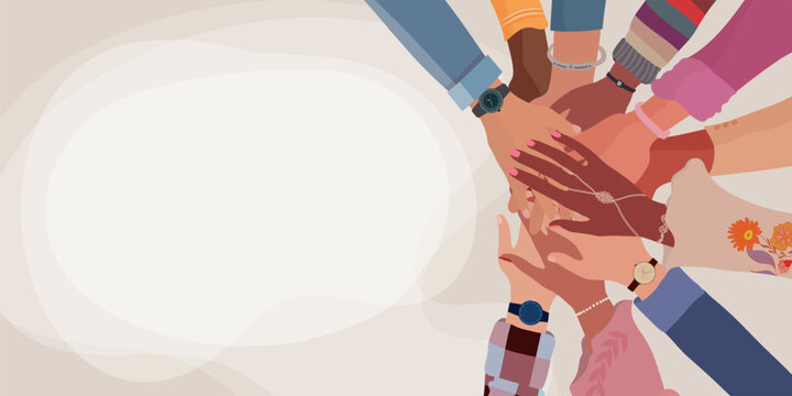 Stacked hands of diverse people. Teamwork community cooperation inclusion diversity and agreement between colleagues concept