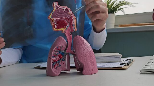 Medical professional examines anatomical model of human lungs in clinic during health checkup