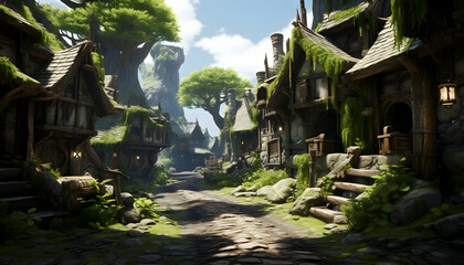 Fototapeta premium Cobblestone Street Leading to Lush Green Village Buildings With Stone Facades and Traditional Architecture in a Picturesque Outdoor Daytime Landscape