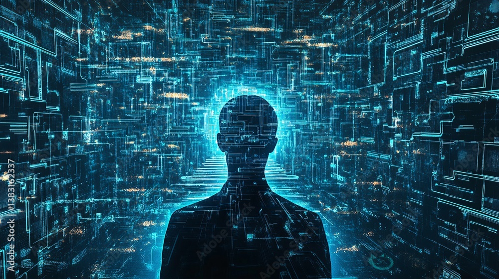 Poster Human silhouette entering a digital world of data with artificial intelligence