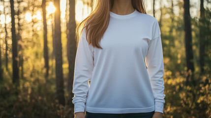 mockup of a woman wearing a plain white long sleeve t-shirt isolated on forest background, Ai generated images