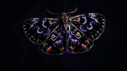 Fototapeta premium Cosmic-Patterned Moth on Velvet Leaf, Galaxy Wings, Bioluminescent Glow, 8K Ultra-HD Macro