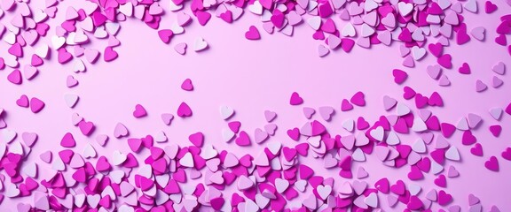 Purple heart confetti scattered on a purple confetti background Valentine's Day theme, valentines day background, valentines