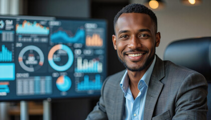 Modern portrait headshot of a friendly ceo executive business worker: A smiling young Black man in a suit confidently looks at the camera while seated in front of data visualization screens.