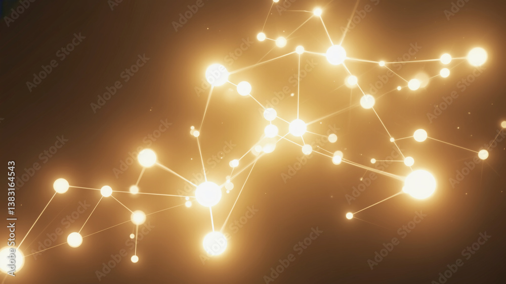 Poster abstract nodes connected by lines, creating network with glowing orbs on brown backdrop