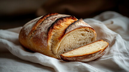 Loaf of freshly baked sourdough bread on a linen cloth. Rustic homemade bread for healthy breakfast and food photography. Gourmet bakery concept.