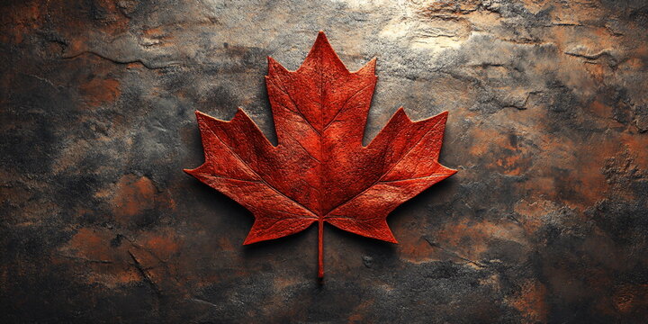 Red maple leaf on dark abstract grunge background for canada day card or canada theme design, patriotic symbol of the country with national colors for decoration