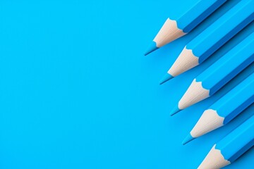 A group of blue colored pencils aligned neatly on a bright blue surface, showcasing simple creative tools.