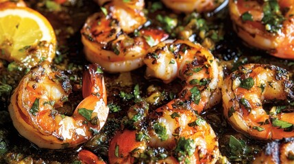 Grilled prawns seasoned with aromatic herbs and citrus create a flavorful seafood dish.