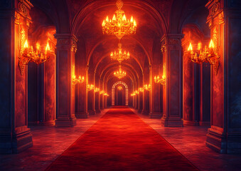Opulent Red Carpeted Hallway with Glowing Chandeliers and Stone Columns Featuring Arched Architecture and Long Perspective