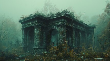 Ruined mausoleum in misty autumn forest