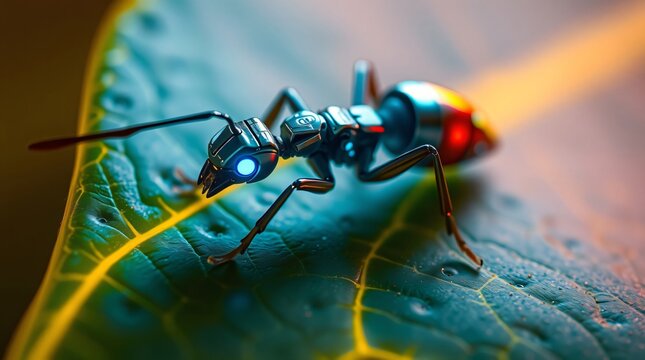 Cybernetic Ant with Metallic Exoskeleton on Neon Leaf, Futuristic Sci-Fi Macro, 8K Ultra-HD