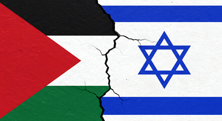 Cracked Wall Between Israel and Palestine Flags Concept

