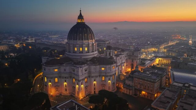 San Pietro Basilica at sunrise with city lights in Rome, Italy. Red sunrise sky at background. Aerial morning shot of St. Peter's Basilica in Vatican, Rome 