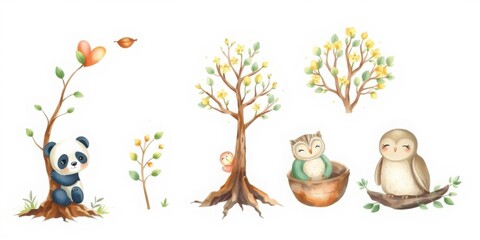 Adorable Panda Owls Spring Trees Watercolor Illustration