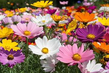Colorful wildflowers sway gently in the breeze under the bright sun at a vibrant field
