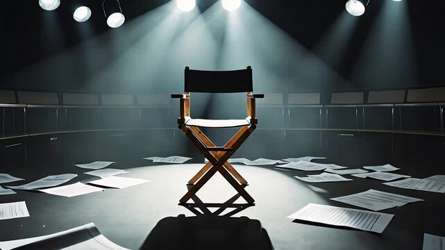 Director&rsquo;s Chair Under Dramatic Stage Spotlights Surrounded by Scattered Script Pages in Circular Theater Set with Empty Audience Seating

