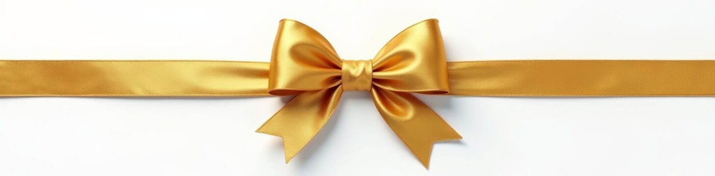 Shiny gold bow with intricate detailing on white background, decoration, ribbon