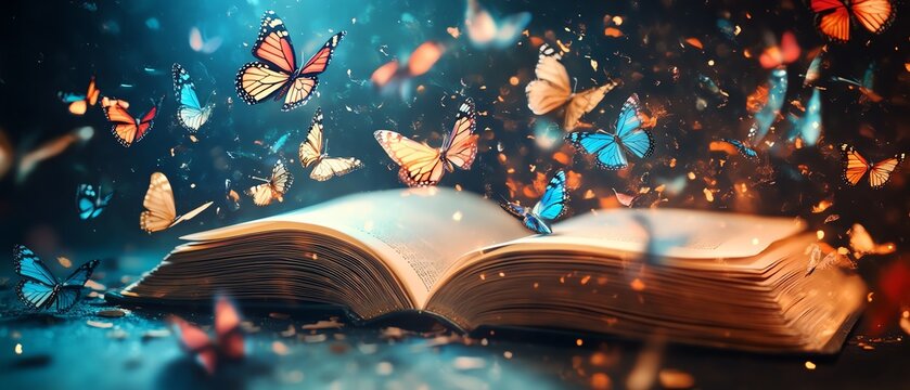 Open book releasing colorful butterflies, flying into a magical world, imagination and literature concept, dreamy background, surreal art style, highresolution, detailed design, 8K