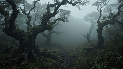 Eerie forest scene with ancient trees thick fog and a distant bird call creating a mysterious and unsettling ambiance
