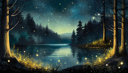 Fototapeta premium Deep in the forest, beautifully twinkling little fireflies - 깊은 숲, 아름답게 반짝이는 작은 반딧불, 자연 풍경
