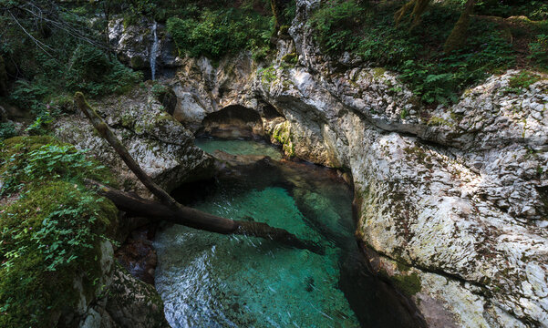 Beautiful water cascades or small waterfall in the valley of Lepena, Slovenia