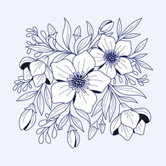 hand drawn outline flowers illustration. Line Drawing flower. hand drawn sketch of flowers illustration. 