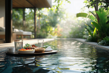 Obraz premium a plate of food on a table next to a pool with a drink and a napkin on i