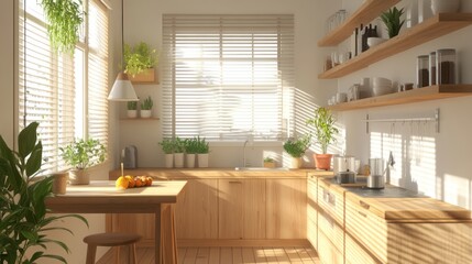 Sunny kitchen, plants, wooden cabinets, breakfast, interior design