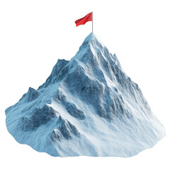 A snowy mountain peak with a red flag waving atop against a black background in a digital rendering