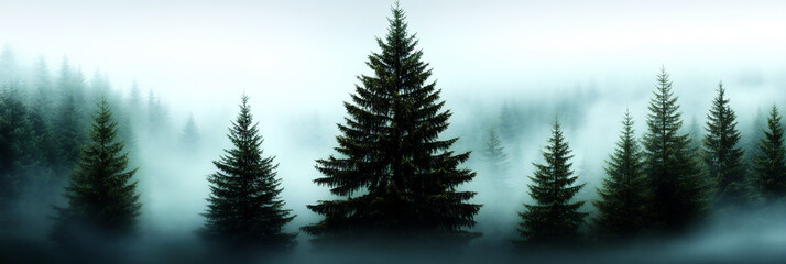 a stylized illustration of a misty evergreen forest with exaggerated,