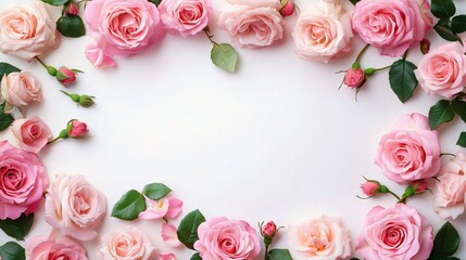 A delicate floral arrangement of light pink roses and rosebuds on a white surface, ideal for wedding invitations, Valentine's Day, and Mother's Day designs, evoking sweetness and purity.