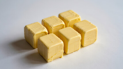 Butter Cubes Close-up: A macro shot showcases perfectly formed butter cubes, highlighting their smooth texture and inviting golden color in a bright setting.