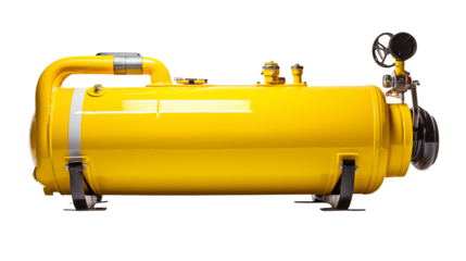 A yellow air compressor on a transparent background studio shot